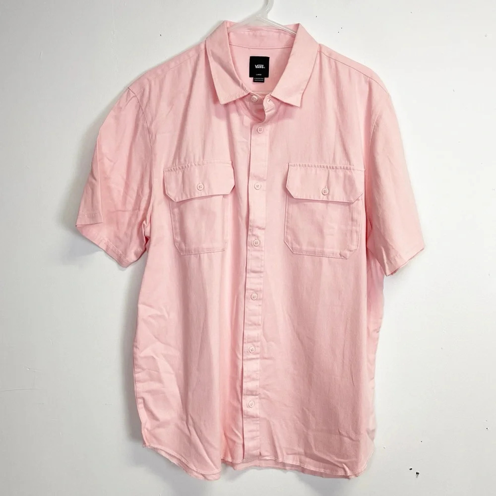 NEW Vans Shirt Mens Large Pink Logo Button Up Short Sleeve Collared Casual NWOT